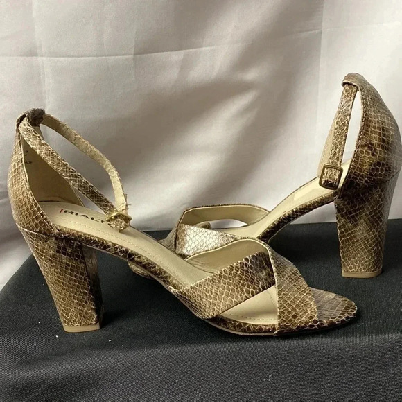 RIALTO WO SIZE 9.5 BROWN SNAKESKIN-ANKLE STRAP 4” THICK  HEEL OPEN TOE SHOE - Picture 2 of 13